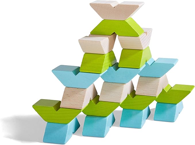 haba 305458 积木玩具 多样化构筑,3色21块装,可拼装堆叠,带建筑模板